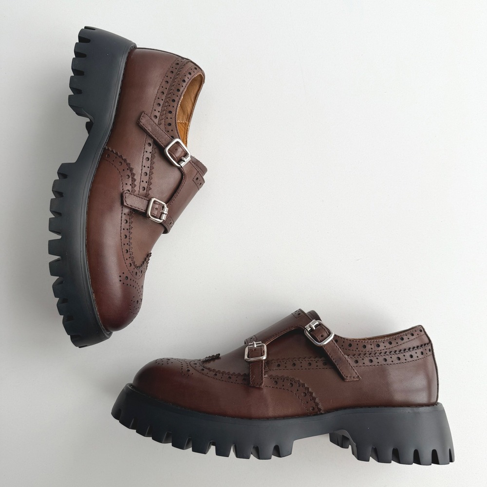 Beau Today NWOB Brogue Monk Strap Brown Leather Chunky Lug‎ Sole Shoes sz 5.5